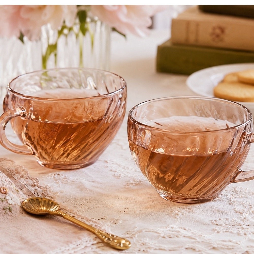 Vintage Arcoroc France Pink Swirl Glass‎ Teacups Set of 2 Heat Resistant